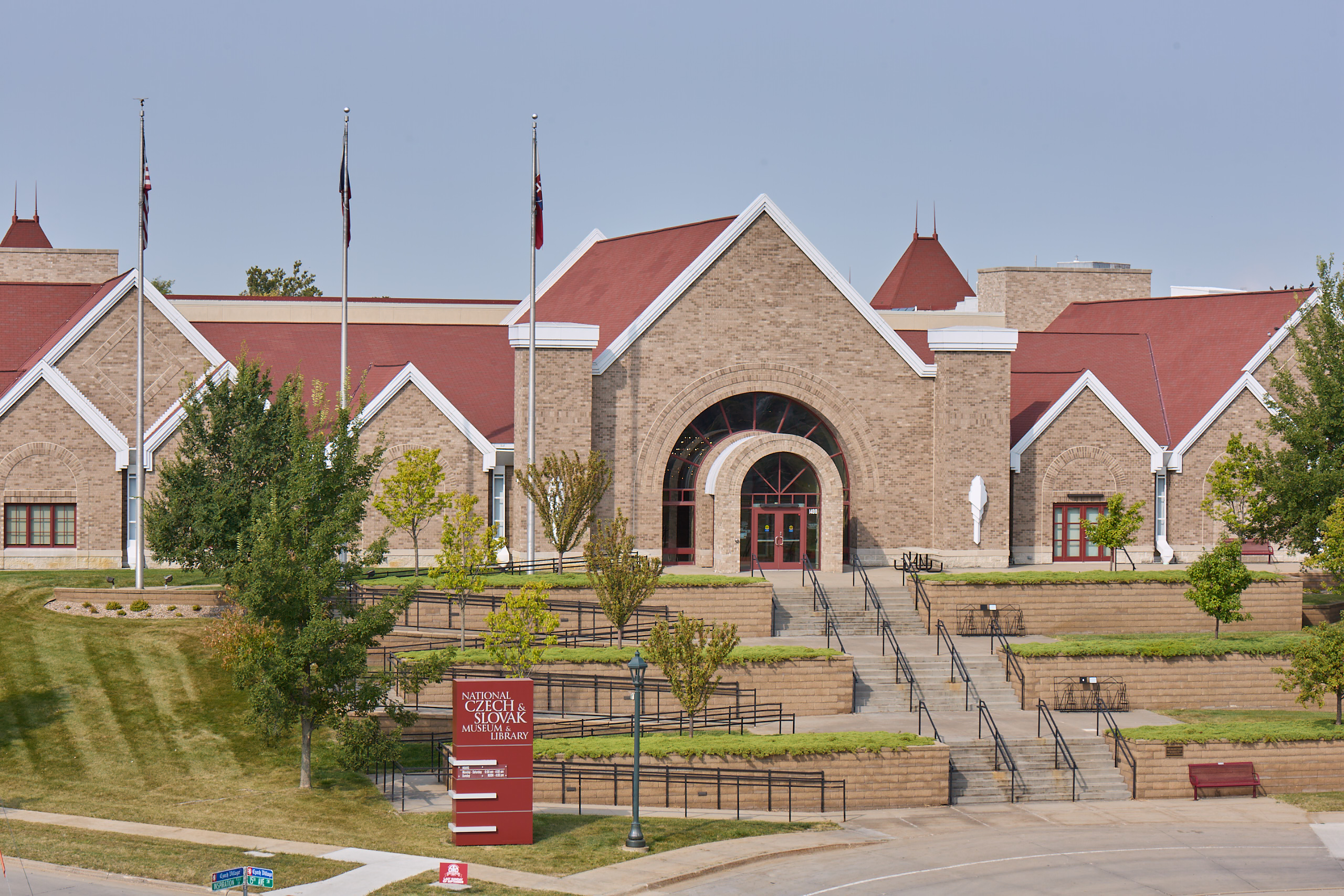 The National Czech & Slovak & Library, with its iconic red roof, is an anchor to Czech Village in Cedar Rapids, Iowa.