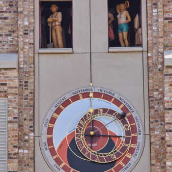 NCSML Orloj consists of an astrolabe and two doors that open to reveal 12 figures that rotate every hour.