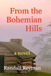 From the Bohemian Hills book cover. A cabin with a foggy pink sky.